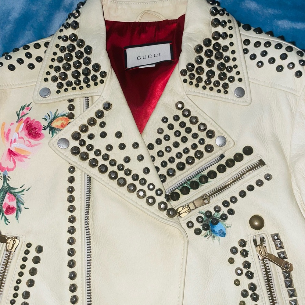 Gucci Mens Exclusive White Hand painted Floral Studded Leather Jacket - Picture 3 of 10